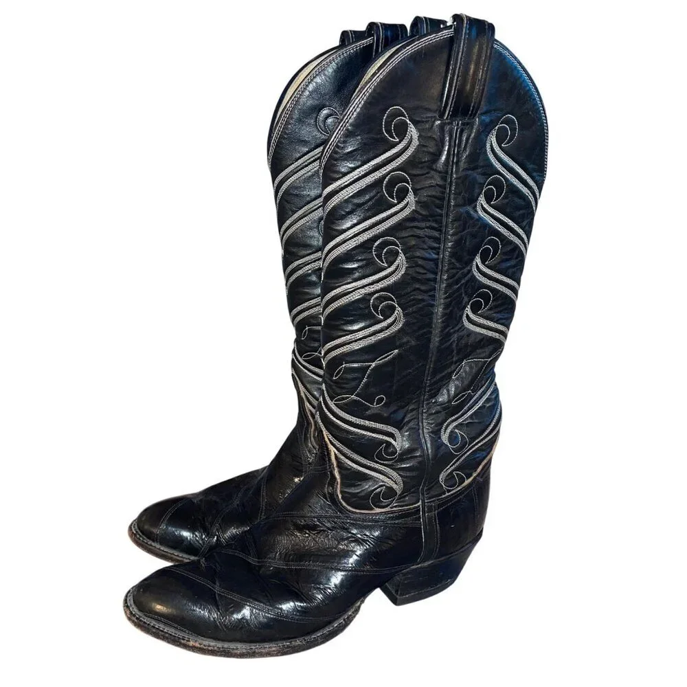 Tony Lama Mens Boots Size 7.5 Black Flame Stitch Detail Eel Skin Casual USA